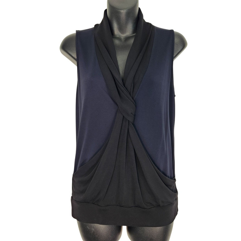 Diane von Furstenberg Sleeveless Navy Black Twist Front Drape Collar Top Sz 4